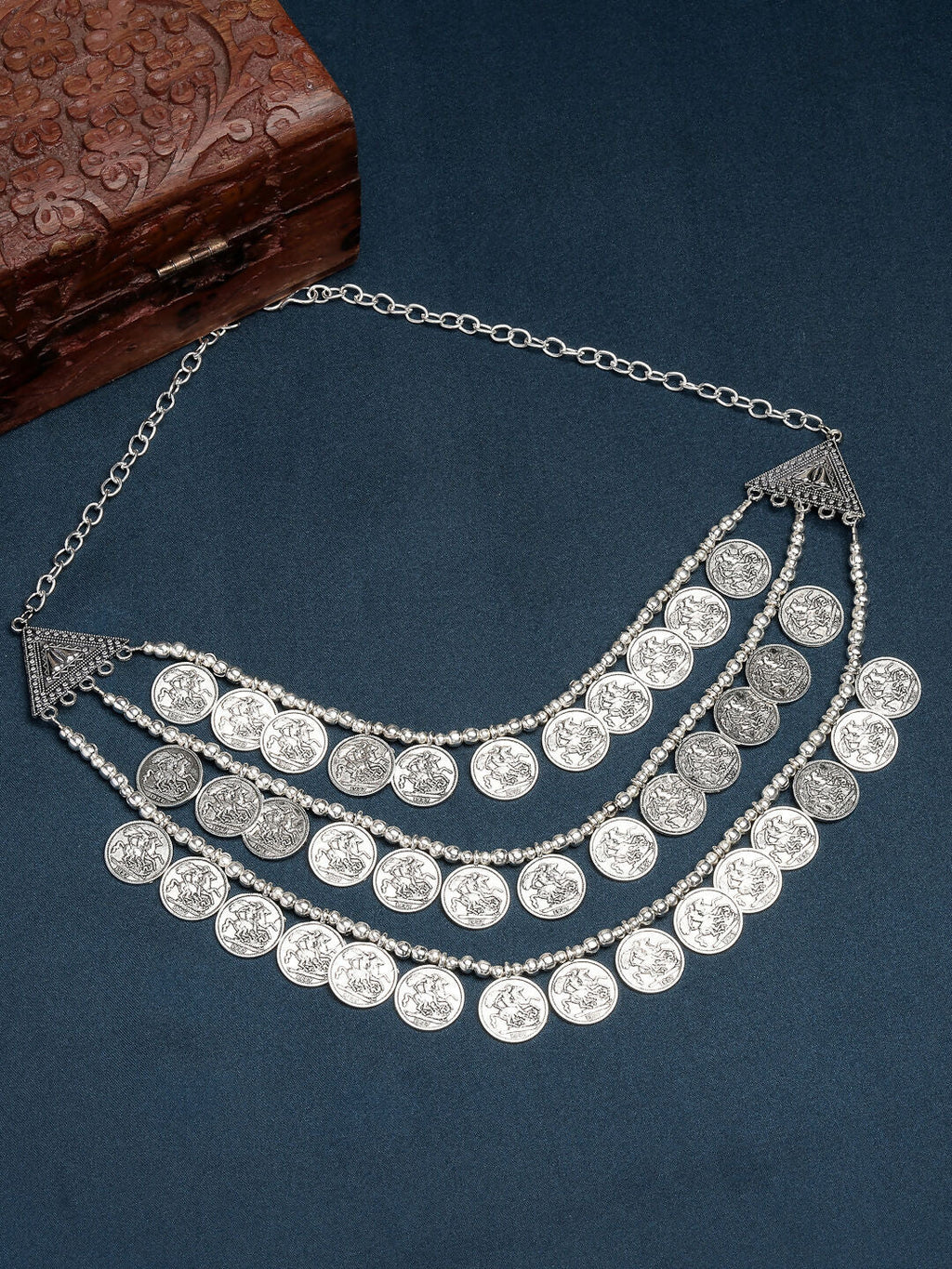 NVR Women's 3 Layered Artificial Beads German Silver Oxidised Necklace
