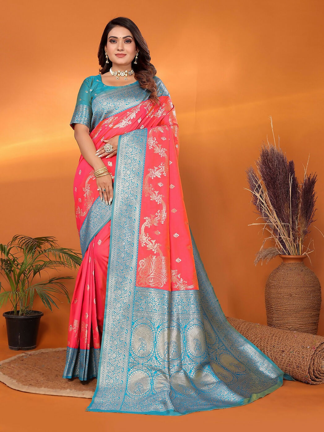 Joban Fashion Banarasi Tomato Red Woven Soft Silk Saree - Distacart