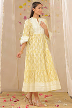 Juniper Womens Limeyellow Cambric Printed Tiered Dress With Flared Sleeve - Distacart