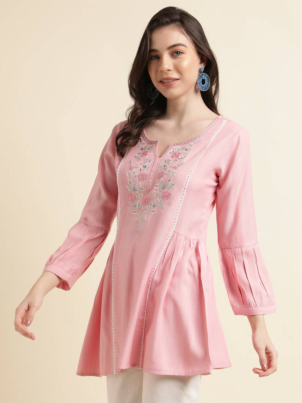 Pink Viscose Rayon Yoke Embroidered A-line Top - Tarini
