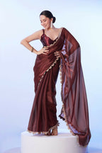 Coffee Brown Satin Solid Designer & Lace Work Saree - Samaa