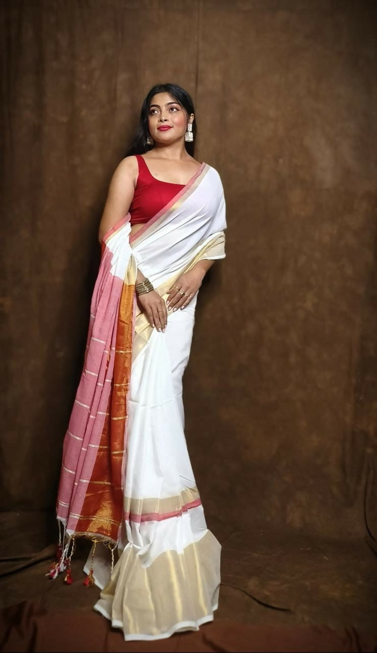 Exclusive Collection White Red Pure Cotton Handloom Gorgeous Saree