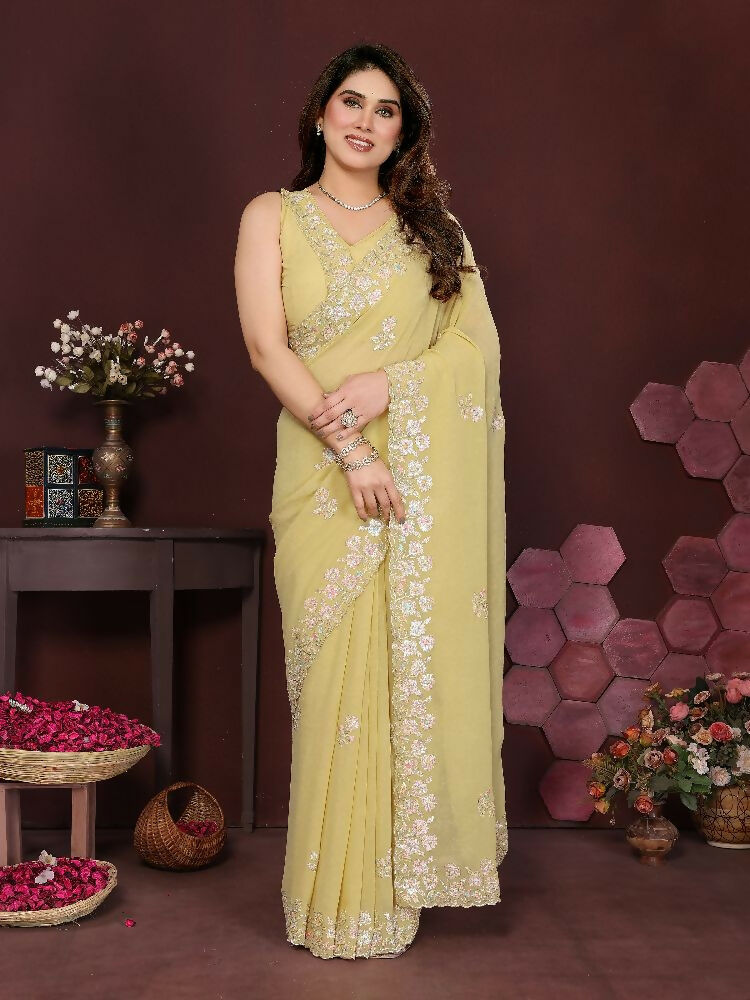 PR Fashion Yellow Georgette Embroidery Work With Embroidery Work Blouse Saree