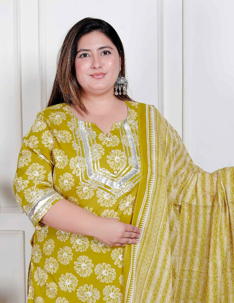 Miravan Plus Size Women'S Lime Yellow Embroidered Straight Kurta With Palazzo And Dupatta - Distacart