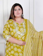 Miravan Plus Size Women'S Lime Yellow Embroidered Straight Kurta With Palazzo And Dupatta - Distacart