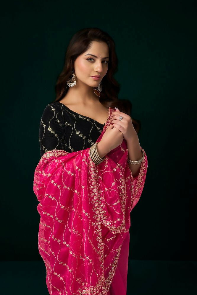 Joban Fashion Rani Pink Net Party Wear Sarees - Distacart
