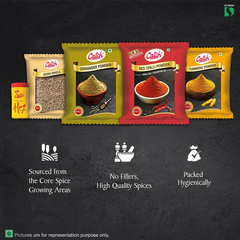 Catch Masala & Spices Combo Five Pack - Coriander Powder 200 gms + Turmeric Powder 200 gms + Red Chilli Powder 200 gms + Cumin Whole 200 gms + Hing 50 gms - Distacart