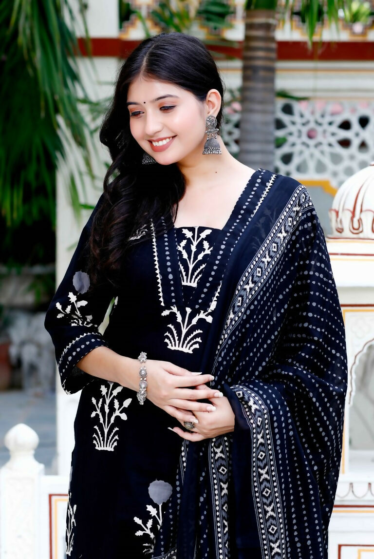 Miravan Women's Cotton Gota Patti Black Floral Printed Straight Kurta Palazzo With Dupatta Set