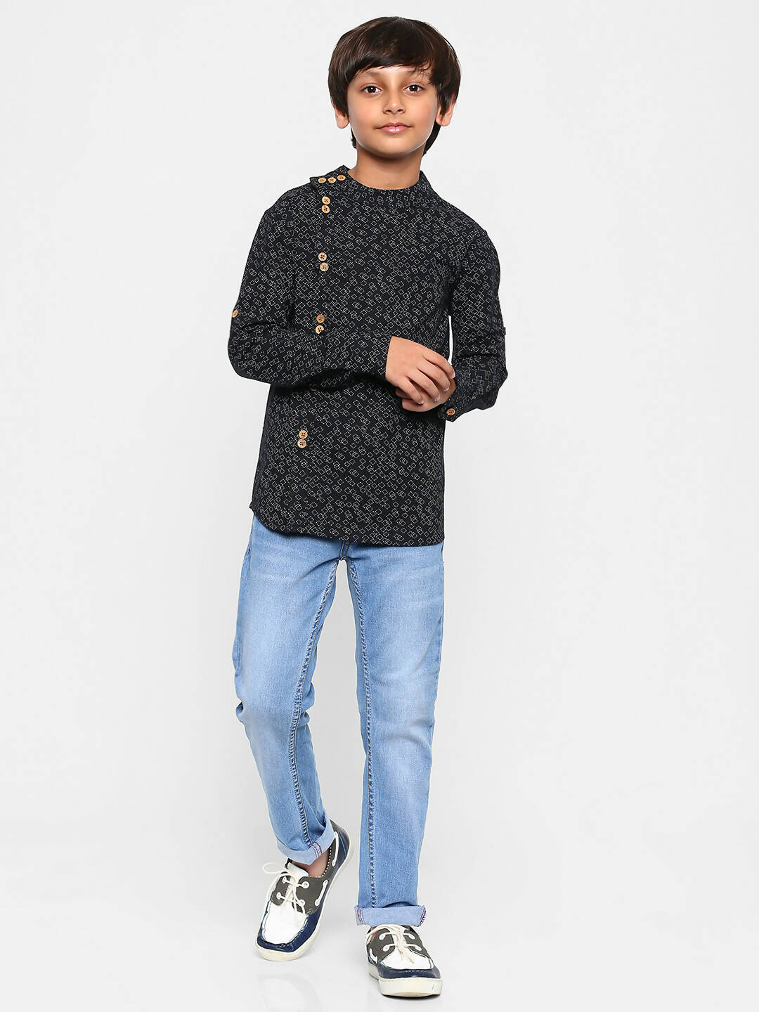 Manet Ethnic Full Sleeves Triangel Printed Shirt - Black