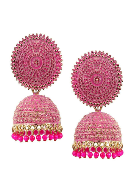 Mominos Fashion Joharkamal Gold-Polished Meenakari Jhumkas For Women & Girls (Magenta)