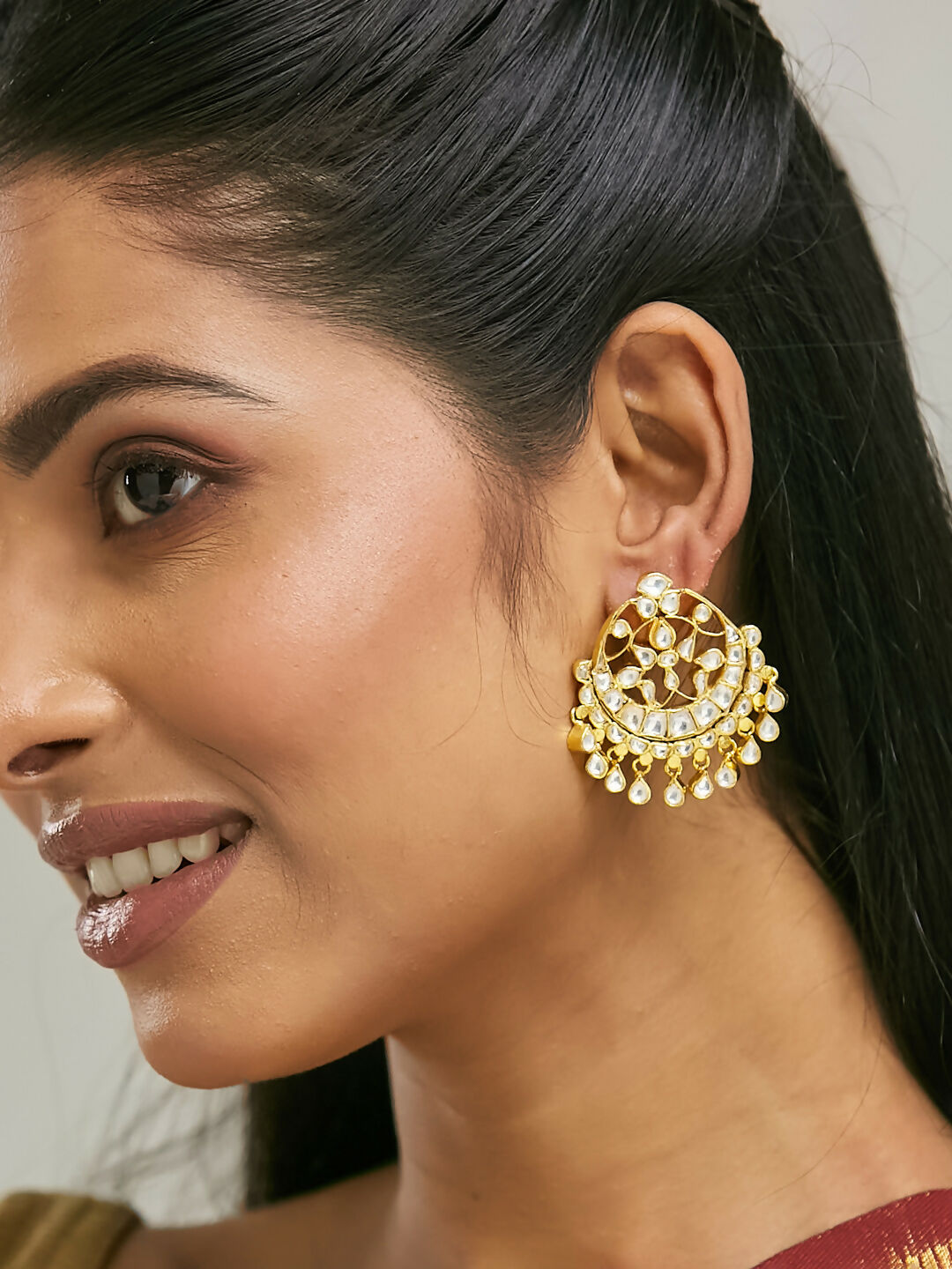 Nuyug 22K Gold-Plated Kundan Stone Studded & Pearl Beaded Moon Chandbalis - Distacart