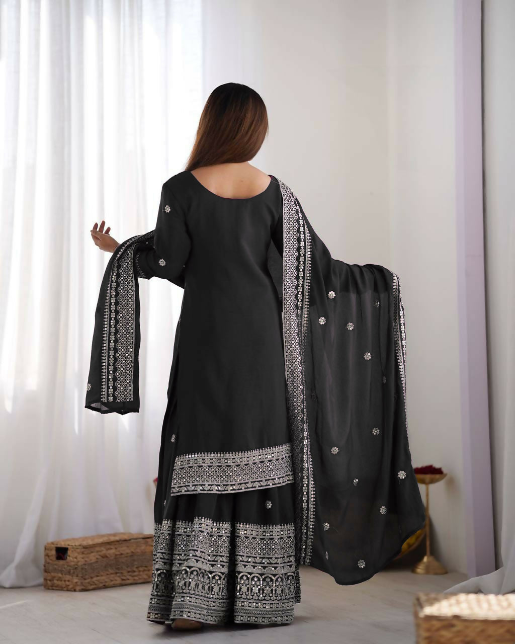 Joban Fashion Black Kurta Set Silk Sequins , Zari, Coding & Thread Embroidered work - Distacart