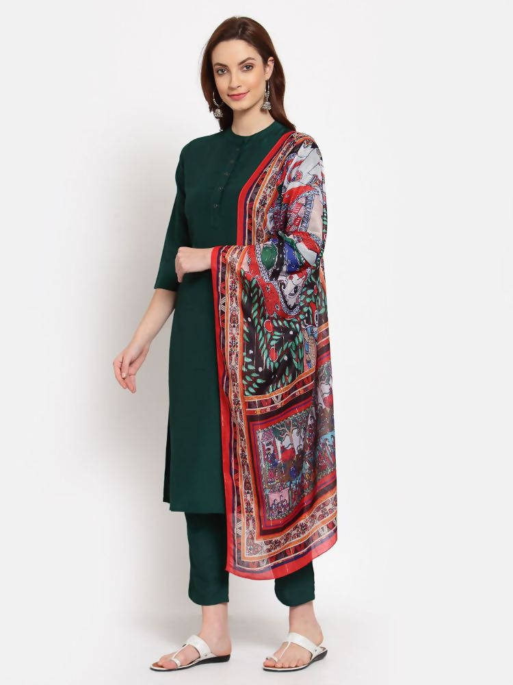 Myshka Women's Green Solid Cotton 3/4 Sleeve Mandarin Neck Casual Kurta Pant Dupatta Set