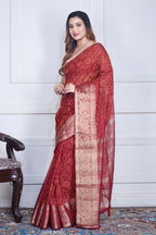 Morchari Maroon Script Printed Orzanga Saree Unstitched Blouse - Distacart