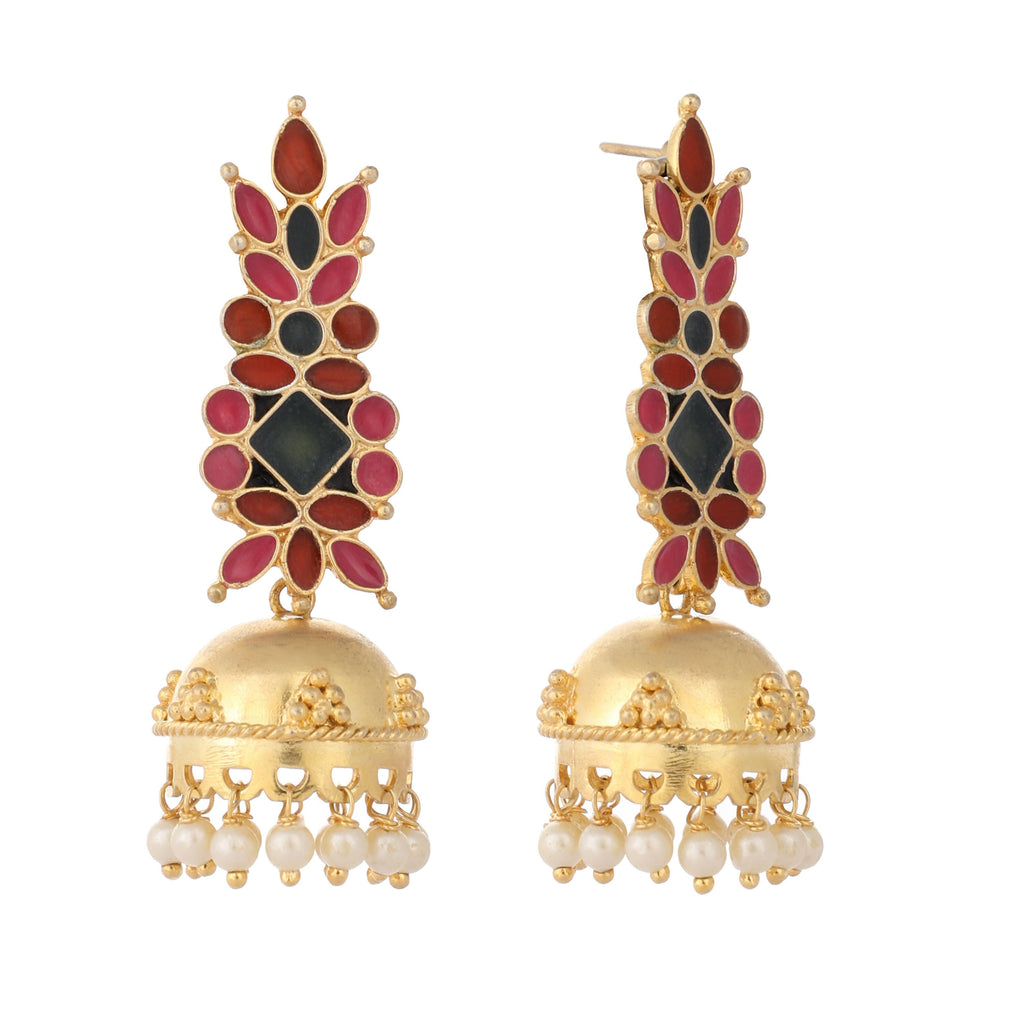 Nuyug 22K Gold-Plated Enamel & Beaded Dome Shaped Jhumka Earrings - Distacart