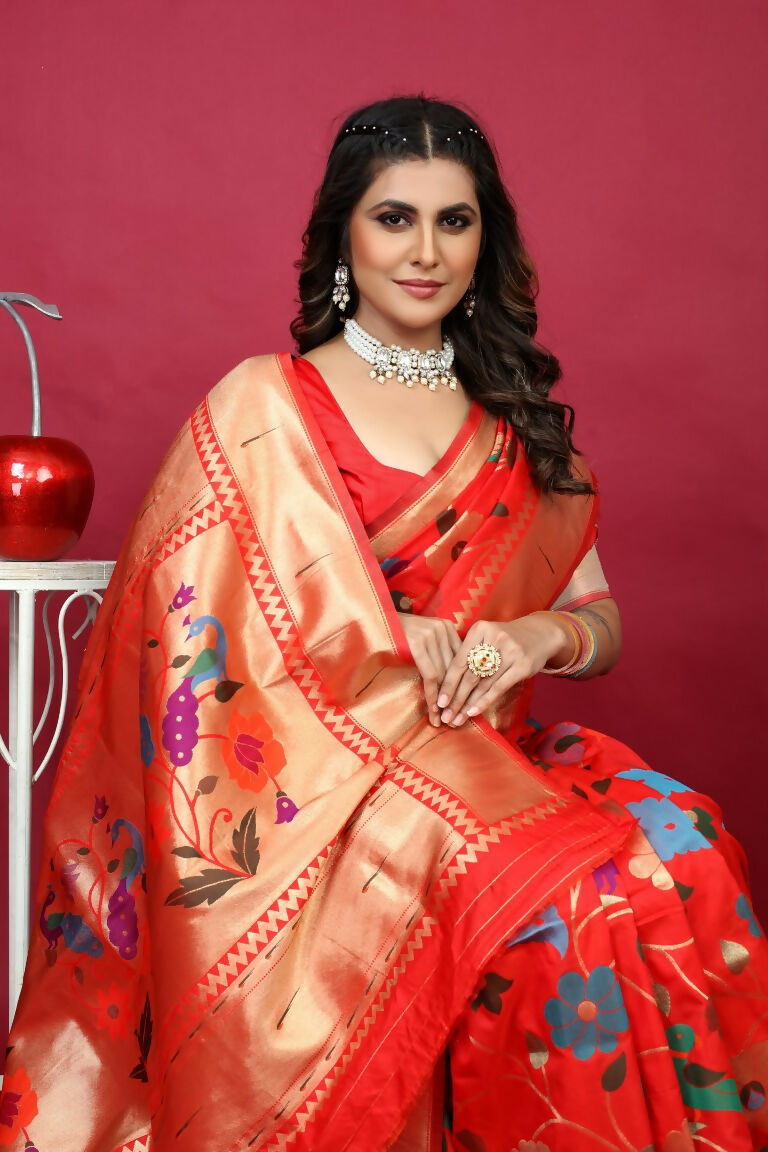 Jyoti Fashion Women's Red Paithani Silk Zari Woven Saree with Blouse