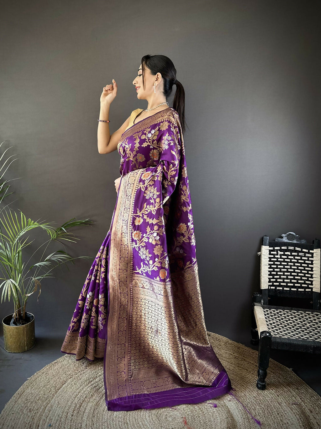 Joban Fashion Purple Floral & Ethnic Motifs Design Soft Silk Meenakari Banarasi Saree - Distacart