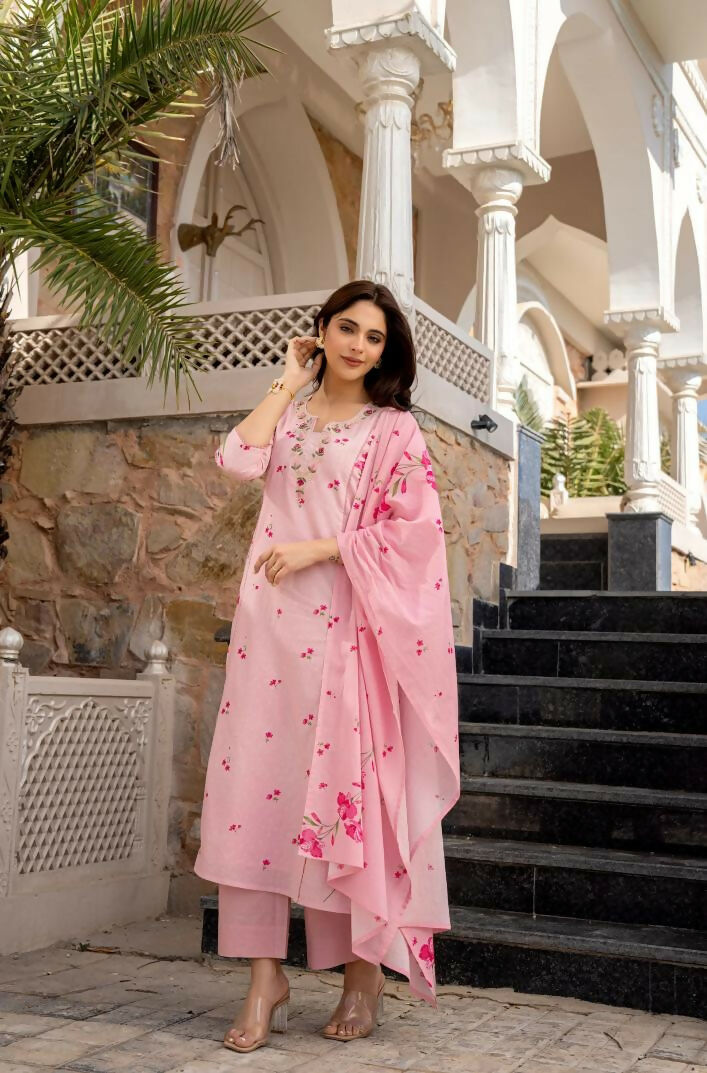 The52 Pink Women's Beautiful Chanderi Fabric Printed Work Straight Kurta Pant and Dupatta Set - Distacart