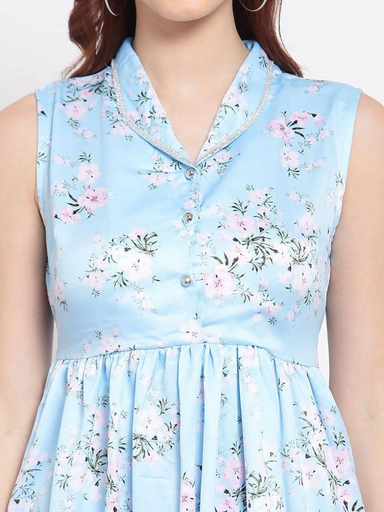 Myshka Women's Sky Blue Printed Cotton Blend Sleeveless Coller Casual Dress