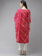 Yufta Women Pink Bandhani Printed Panelled Gotta Patti Kurta with Palazzo & With Dupatta