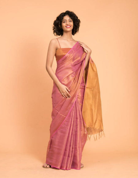 Suta Pink Golden Solid Woven Design Zari Saree