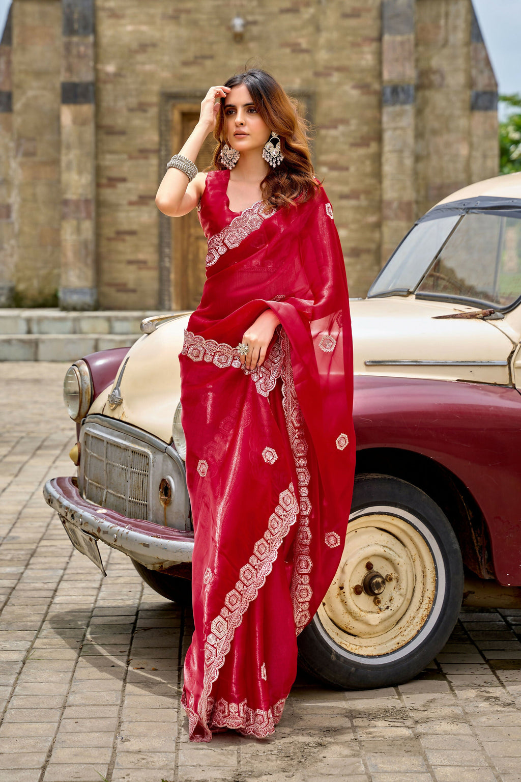 Vastranavya Red Embroidery Work Shimmer Chiffon Saree with Unstitched Blouse - Distacart