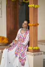 White Viscose Rayon Thread Embroidered with all over mirror work Navratri Lehenga Choli with Dupatta - Raas