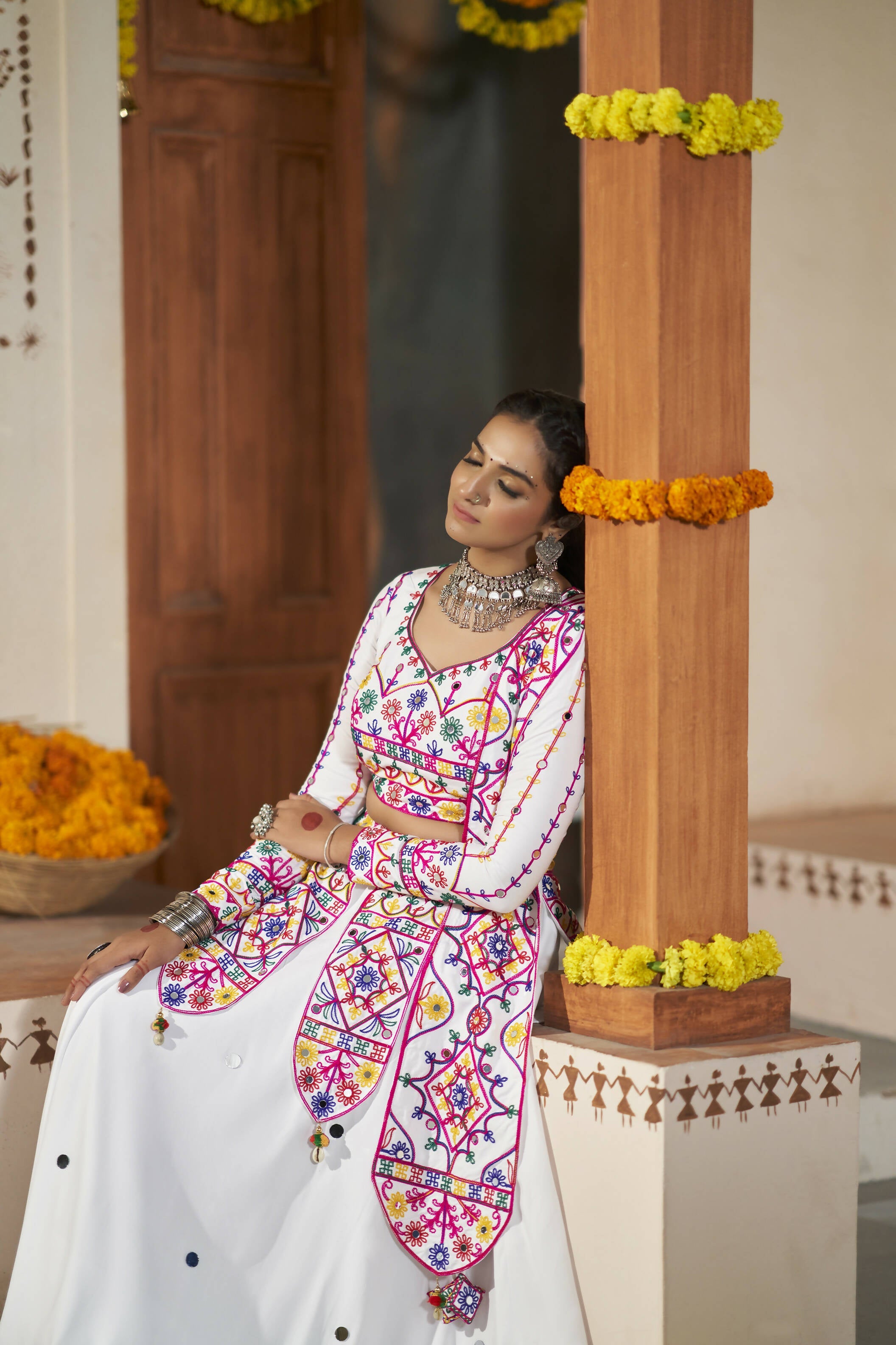 White Viscose Rayon Thread Embroidered with all over mirror work Navratri Lehenga Choli with Dupatta - Raas