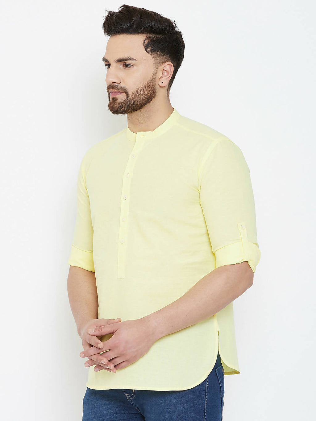 Even Apparels Yellow Color Band Collar Pure Cotton Men's Kurta - Distacart