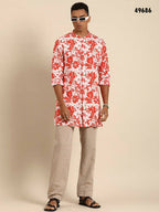 Red & White Men pure Cotton Floral Printed Straight Kurta - Mahotsav