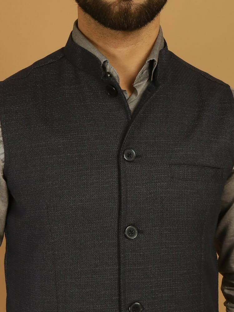 Even Apparels Nehru Jacket With Welt Pockets - Blue