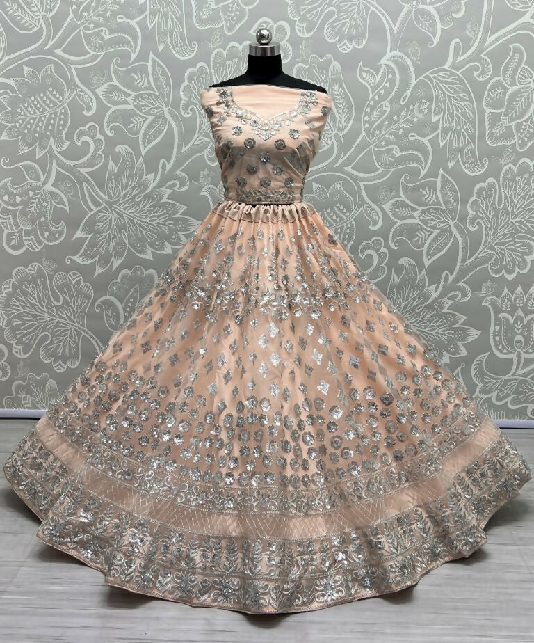 Jyoti Fashion Women's Peach Bridal Net Zari with Thread Embroidered Wedding Lehenga Choli