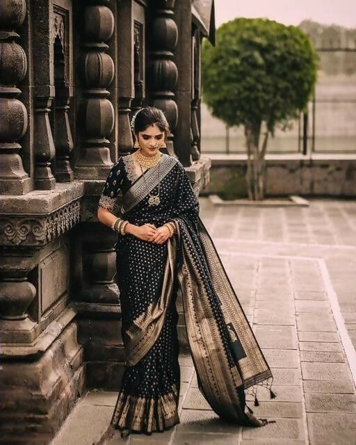 DEIANA'S Beautiful Designer Golden zari Soft Lichi Silk Saree - Black