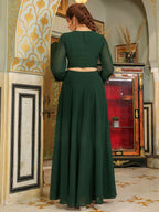 Janasya Dark Green Georgette Embroidered Top & Skirt