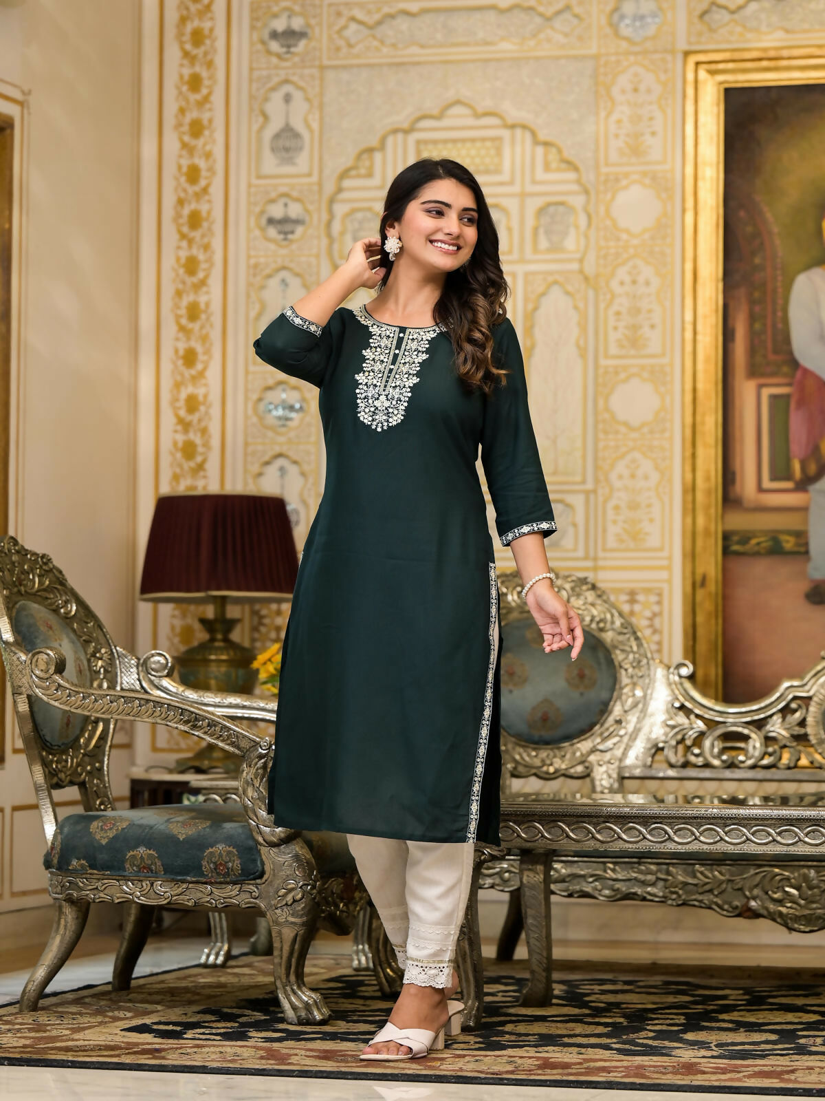 Juniper Women's Green Thread Embroidered Rayon Kurta
