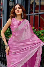 Vastranavya Baby Pink Embroidery Work Shimmer Chiffon Saree with Unstitched Blouse - Distacart