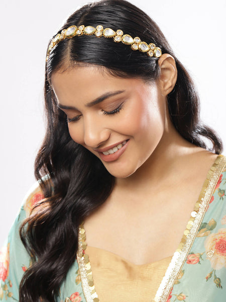 Gold-Polished White Kundan-Studded Hair Band - Ruby Raang