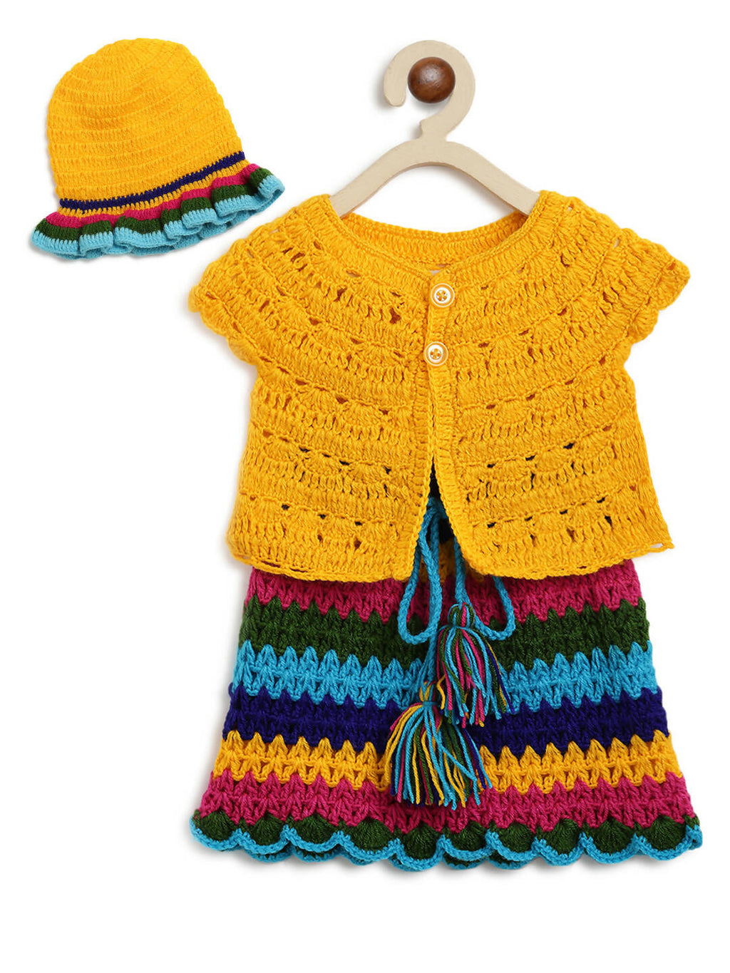 ChutPut Hand knitted Crochet HoneyBee Wool Dress For Baby Girls - Yellow