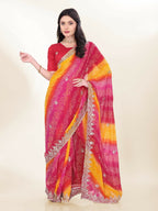 Pink Georgette Bandhani Printed,Embroidery Work Saree - Bandhan