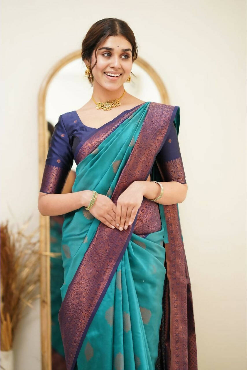 DEIANA'S Beautiful Designer Golden zari Soft Lichi Silk Saree - Sky