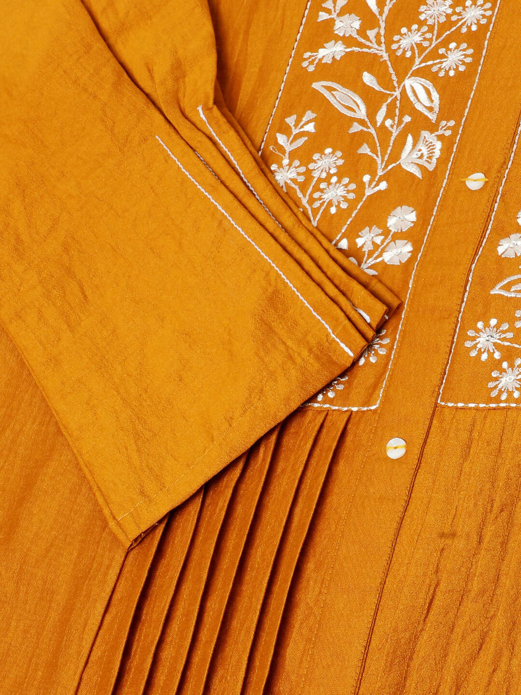 Mustard Chinon Yoke Embroidered A-line Top - Tarini