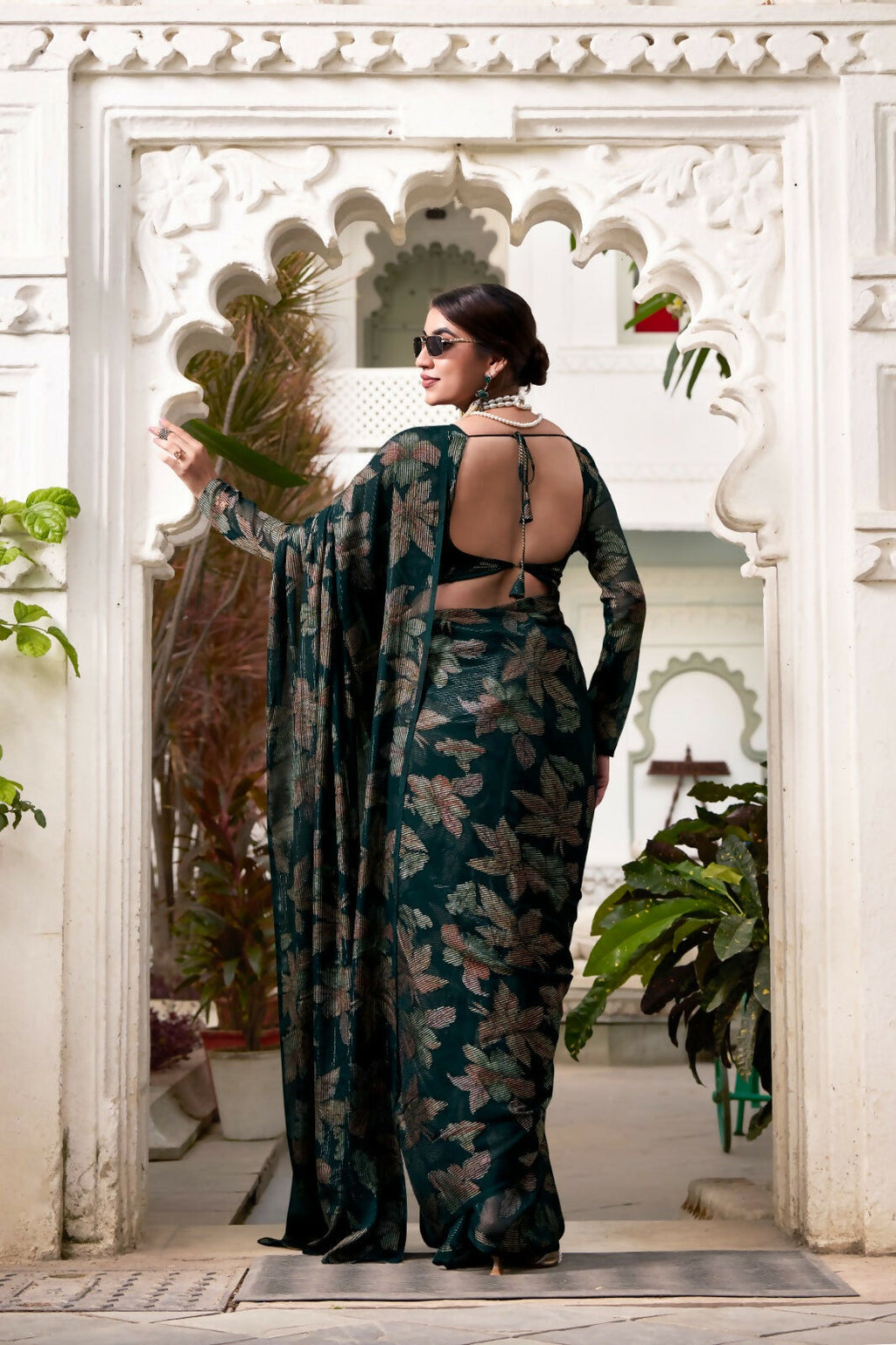 Vastranavya Bottle Green Lurex Brasso Floral Printed Saree with Unstitched Blouse - Distacart