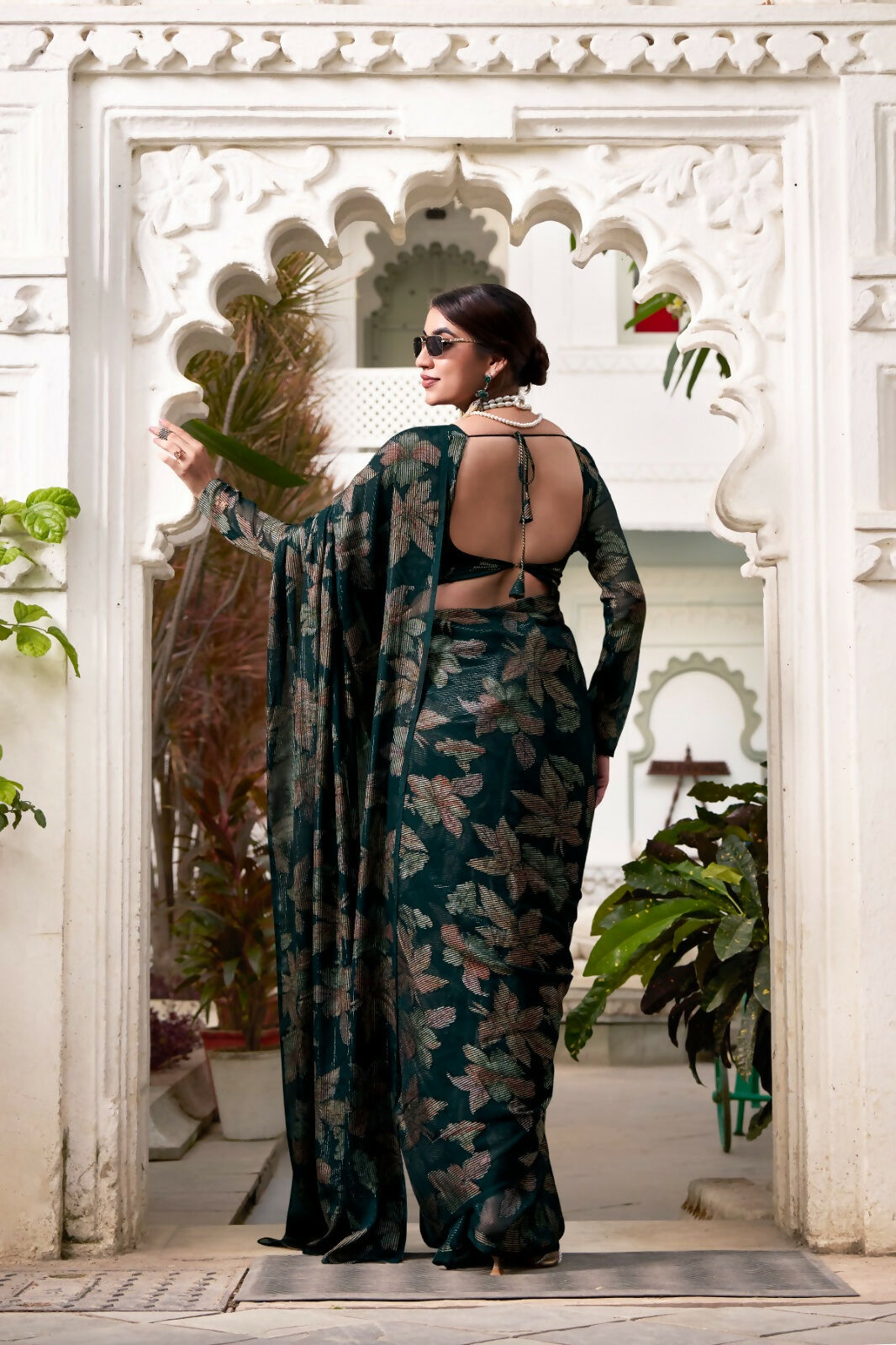 Vastranavya Bottle Green Lurex Brasso Floral Printed Saree with Unstitched Blouse - Distacart