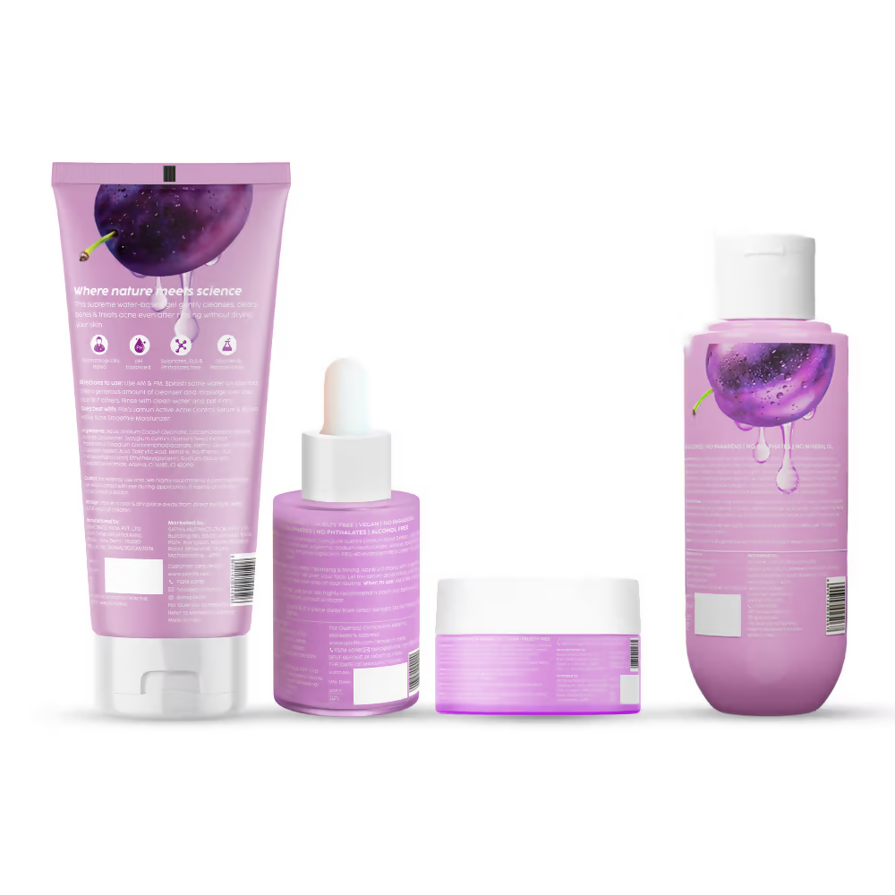 PLIX The Plant Fix Jamun Active Acne Regime - Cleanser, Acne Mark Serum, Moisturizer & Body Wash For Women & Men