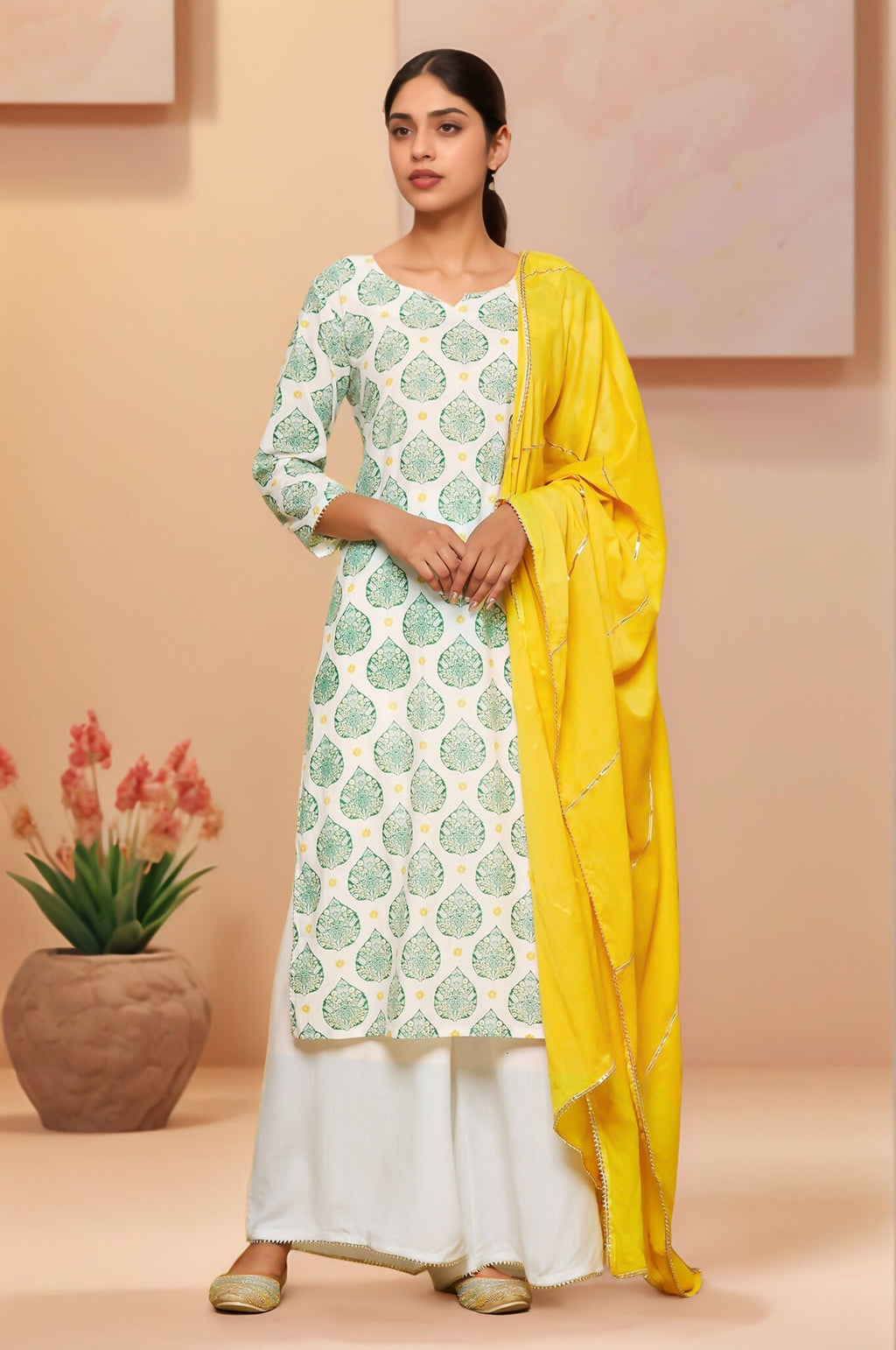 Joban Fashion White Based Leaves Printed Cotton Kurti With Matching Palazzo Set