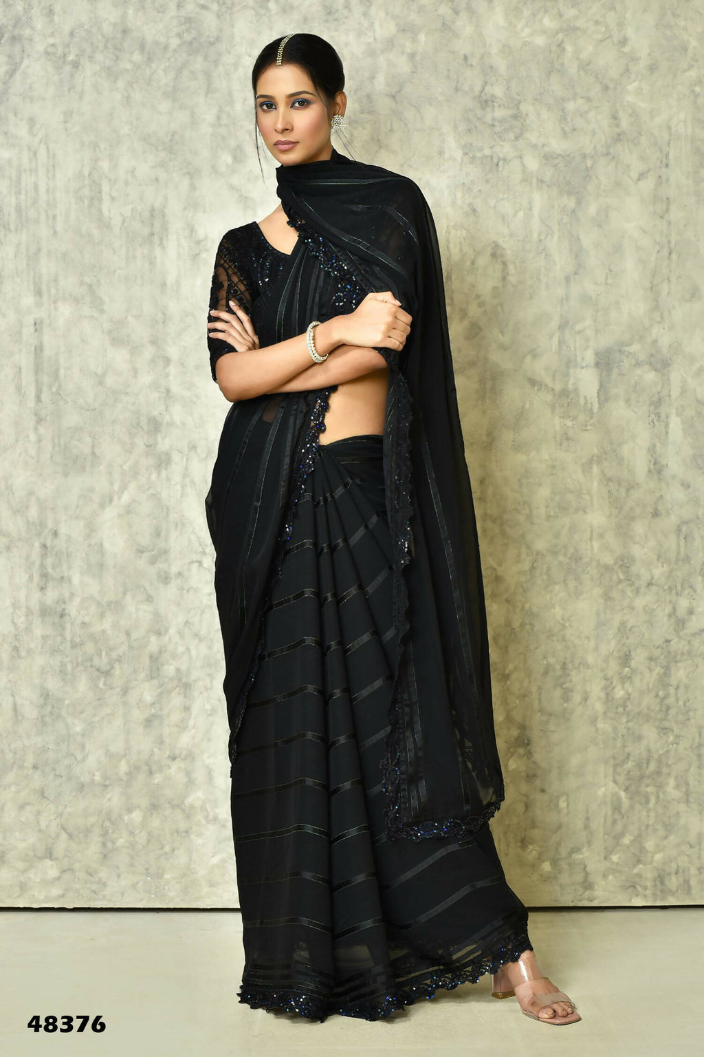 Black Silk Stripe Saree With Blouse Piece - Purvi