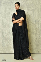 Black Silk Stripe Saree With Blouse Piece - Purvi