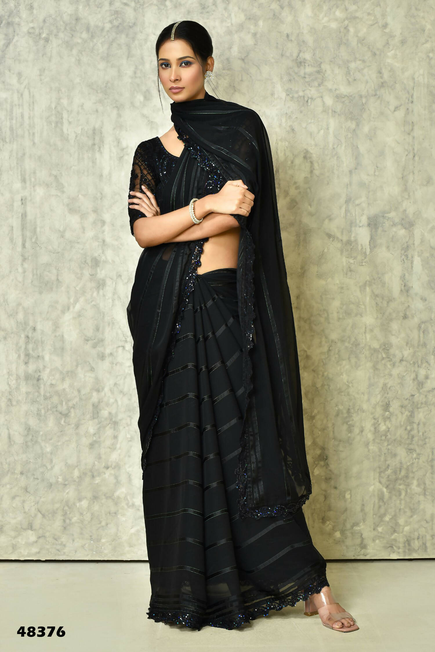 Black Silk Stripe Saree With Blouse Piece - Purvi