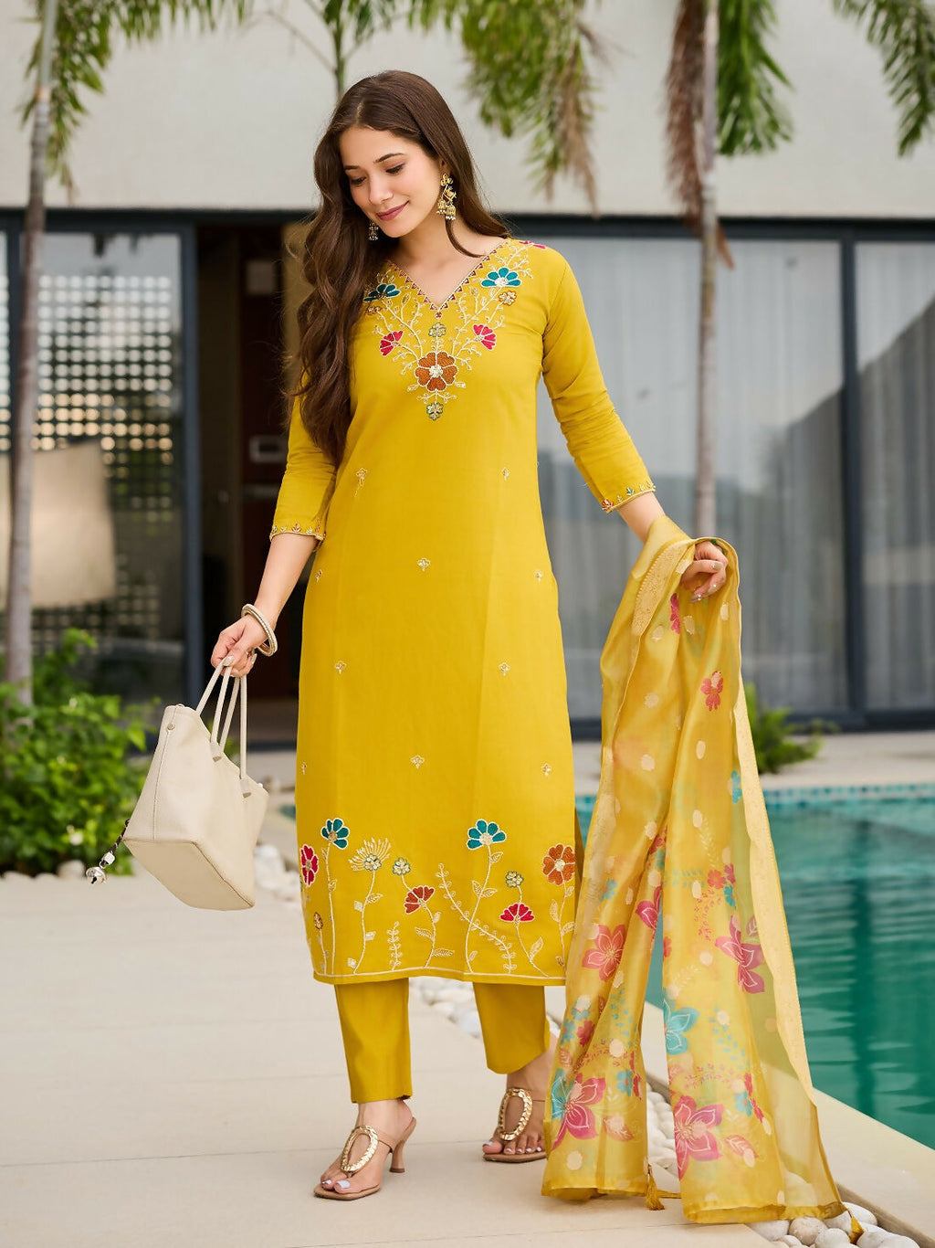 The52 Yellow Women's Gorgeous Embroidered work Viscose Gadhwal Fabric Straight Kurta, Pant and Dupatta Set - Distacart