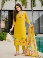 The52 Yellow Women's Gorgeous Embroidered work Viscose Gadhwal Fabric Straight Kurta, Pant and Dupatta Set - Distacart